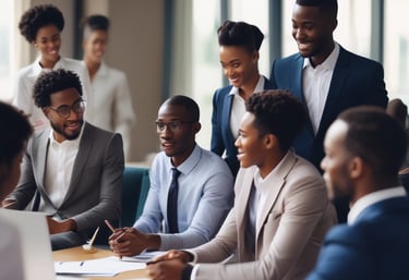 A diverse group of professionals engaged in a collaborative discussion around a table.