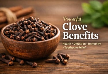 Clove benefits for health showing dried cloves in wooden bowl