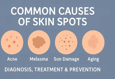 Illustration showing common causes of skin spots including acne, melasma, sun damage, and aging