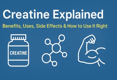 A visual guide showing a creatine supplement bottle, molecular structure