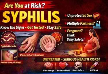 Syphilis awareness infographic showing symptoms like painless sore and rash on palms