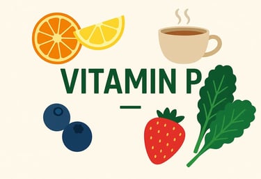 Illustration showing Vitamin P sources like citrus fruits, berries, leafy greens, and tea