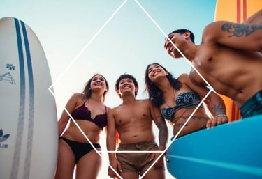 a group of people standing around a surfboard