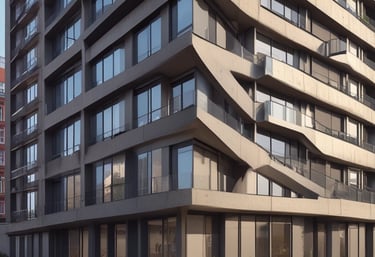 Architectural design with curved, overlapping structures set against a clear, blue sky. The building features a combination of smooth and textured surfaces, with distinct shadows cast by the sun.
