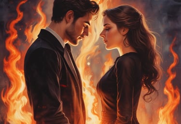 Vivid flames erupt from a fire pit, surrounded by individuals engaged in a ritual. They wear traditional attire and seem to be participating in a spiritual or religious ceremony.