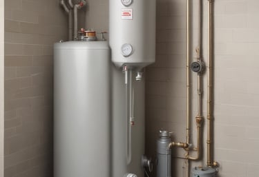 A vertical pipe with a curved elbow joint is affixed to a plain, peach-colored wall. The pipe is dark, possibly made of metal, and seems to be secured to the wall with small bolts.