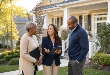 Three inclusive real estate professionals discussing a home together in a welcoming neighborhood.