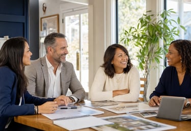 An inclusive group of real estate professionals collaborating in a bright neighborhood office.
