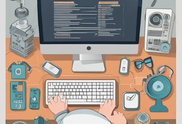 A black and white image of a laptop on a desk displaying a design software with a simple line illustration. There are two monitors in the background and a keyboard on the desk. Papers with printed text are partially visible in the foreground.