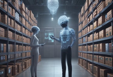 A warehouse aisle with tall metal shelves filled with stacked boxes and pallets. The perspective is low to the ground, highlighting the yellow safety lines painted on the floor. The environment seems organized and industrial, with a focus on storage and logistics.