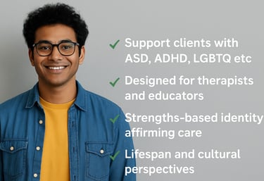 Neurodiversity course visual with student and key features for therapists and educators.