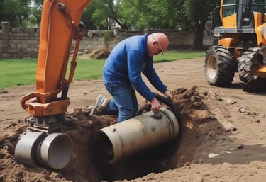 A group of four men are working together to install or repair a vertical pipe outdoors. They are holding and adjusting the pipe, which is situated in a narrow concrete trench with some type of machinery at the base. The surrounding environment includes grassy areas, some bushes, and trees. There are cables lying around on the grass, and it appears to be a somewhat overcast day.