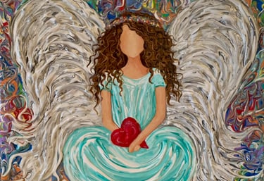angel with wings wearing green dress