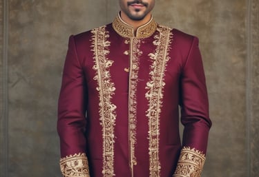A person is standing wearing a traditional white kurta and trousers, with intricate embroidery on the neckline and cuffs. The outfit is complemented by brown sandals. The individual has long hair tied back and is wearing sunglasses on top of their head.