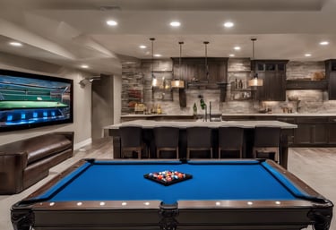 open concept basement kitchen game room entertainment room
