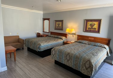 a motel room with two beds a lamp and a couch