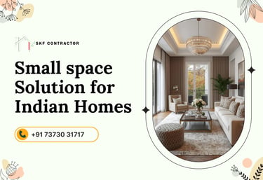 Modern living room interior design with luxury chandelier and sofa, offering small space solutions for Indian homes.