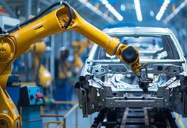 RObotic arm building a CAR in assembly line. National Pneumatic systems serves Automoblie Industries all over india