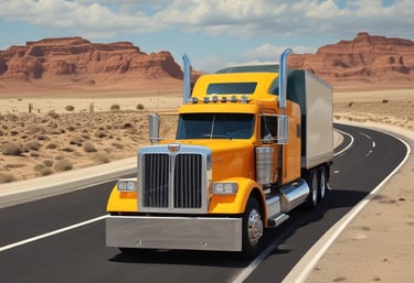 A large blue semi-truck with a trailer travels on a wet road. The trailer is carrying white, bagged cargo. The surroundings are vibrant with autumn foliage and the sky is overcast, giving a moody yet serene atmosphere with hints of sunshine breaking through.