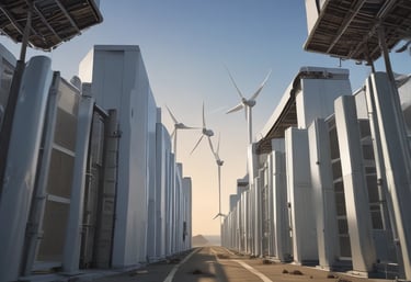 A sprawling AI data center complex powered entirely by onsite renewable energy under a clear blue sky.