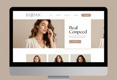 A sleek, modern laptop displaying a vibrant, feminine website with pink and gold accents on a dark blue background.