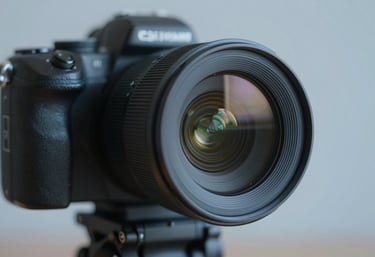 Close up of a professional 4K camera lens with studio lights reflecting in the glass, highlighting the precision and cutting-edge tech. Modern style, cool lighting (#6DA4BF).