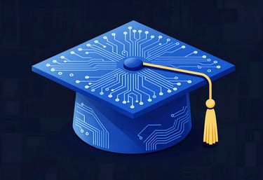A digital illustration of a graduation cap combined with a circuit board, using #2C5F6F and #F5F8FA, representing technology-driven EdTech content production.