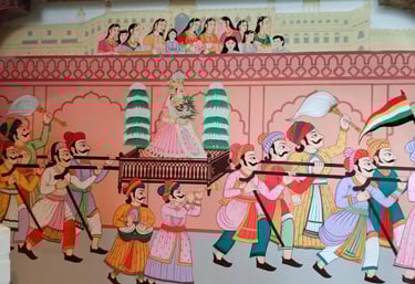 A vibrant mural showcasing Indian individuals engaged in Rajasthani Gangaur cultural activities