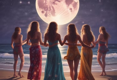 a group of women standing on a beach