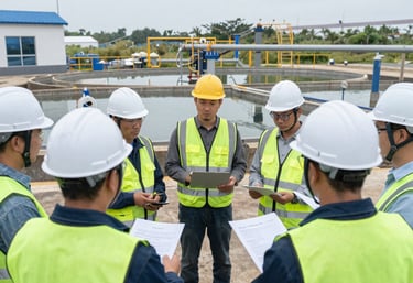 A construction site with workers actively engaged in building a structure. The site consists of metal frameworks and unfinished concrete slabs laid out in a grid-like pattern. Several construction materials, including metal beams and rebar, are scattered across the site. The background features a brick building with multiple arches and open windows.