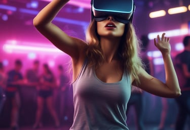 A young boy wearing a virtual reality headset appears to be engaged and surprised. The environment is indoors, with soft lighting and a blurred background. The boy is wearing a casual grey T-shirt, and the headset has glowing blue lights.