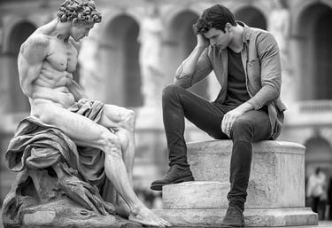 Homme pensif face à une statue antique, symbole de sagesse intemporelle.