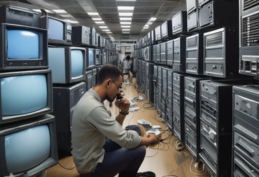 A room with a tiled ceiling and fluorescent lighting contains various electronic and office equipment. On the left, there's a wooden desk with a black server cabinet next to it. In the center of the room, a rack of network cables is visible, organized into a larger unit. To the right, a filing cabinet is mounted on the wall, with a printer/copier machine near the foreground. The walls are plain and the floor is covered in white tiles.