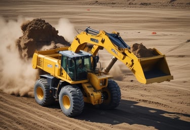 A large, yellow construction drill rig is operating on a rocky terrain, creating a cloud of dust. It is surrounded by loose stones and earth, with hills in the far background. The machine is equipped with hoses and drilling components, indicating its use in mining or construction work.