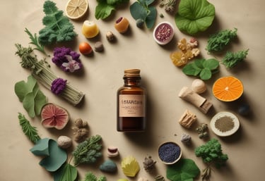 Various wellness and beauty products, including oils in bottles, a bowl of oil, dried flowers, crystals, a smudge stick, and a small dish of cream, are arranged aesthetically on a light surface. The scene is decorated with colorful flowers and herbs.