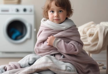 white and teal steam clothes iron plugged on ironing board