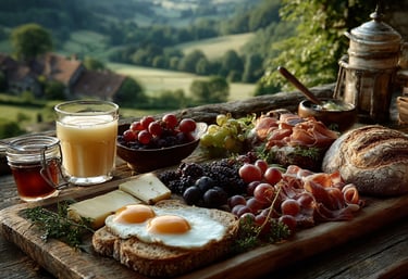 une table de petit-déjeuner avec du pain, des fruits et un verre de jus