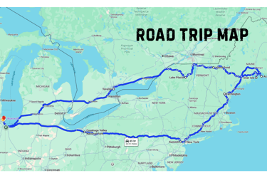 A Google Map of a road trip journey from Chicago to New England and back