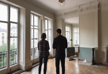 A group of people dressed in formal attire are standing in front of a real estate office. The storefront displays a large sign with an URL and various social media icons, and text in a foreign language. The group mostly consists of men in white shirts and dark trousers, standing in a straight line, with two women at either end of the row.