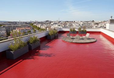 a red painted roof top with a circular table and chairs