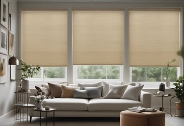 Sunlight filters through partially closed blinds, casting warm shadows on the window frame. A delicate lace curtain peeks through the slats, adding a touch of decorative detail.