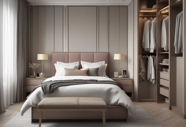 An elegantly designed room features modern wooden furniture, with various types of seating and shelving. The space is well-lit due to large windows that allow natural light to stream in. Hanging geometric pendant lights add to the stylish atmosphere. The decor includes colorful throw pillows and minimal decorative pieces.