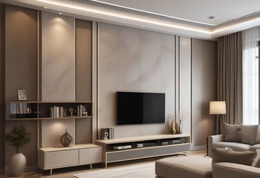 A small, minimalist interior scene features a wooden table with two matching wooden chairs with brown cushions on either side. A framed artwork of a Moka pot hangs on the beige wall above the table, adding a touch of vintage charm. The wooden floor complements the warm, neutral tones of the furniture and wall.