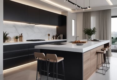 A modern interior space features a wooden chair with a patterned green cushion next to a small round wooden table. On the table is a lamp with a woven rattan base and a white lampshade. There is a colorful painting hanging above a fireplace with a light mantel. The floor has a light wood finish and a light-colored animal hide rug partially visible.