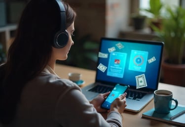 A person wearing headphones, sitting comfortably with a laptop or phone in hand