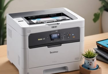 A beige laser printer sits on a dark surface against a textured orange wall. The printer has a compact design, featuring a small control panel and a paper tray visible at the bottom.