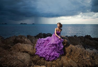 Драматичный портрет на скалах острова Фукуок в пурпурном платье