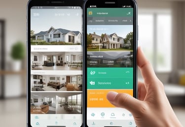 A tall apartment building with a brown and yellow facade stands against a clear blue sky. In front of the building, a large palm tree casts a shadow across the structure. The building has multiple balconies and windows, with a 'for sale' sign displayed on one of the balconies.