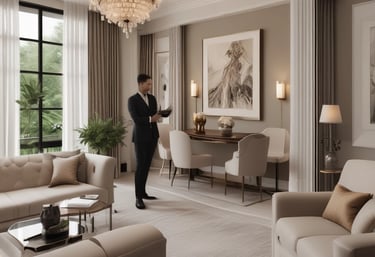 A tall apartment building with a brown and yellow facade stands against a clear blue sky. In front of the building, a large palm tree casts a shadow across the structure. The building has multiple balconies and windows, with a 'for sale' sign displayed on one of the balconies.