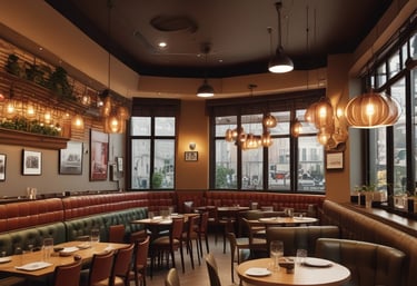 A dimly lit restaurant dining area featuring a warm, glowing neon sign reading 'Italyan Pizza - Makarna', surrounded by wooden tables arranged in a row. Chairs are neatly tucked under the tables, and the interior extends into the background with shelves and a counter visible. The ambiance suggests a cozy, intimate dining experience.